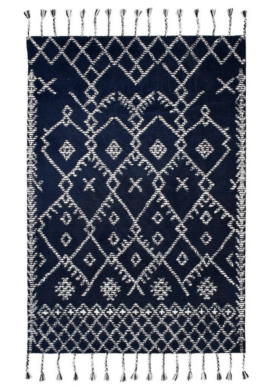 Wool Hand-Tufted Carpet Walter - Geometric navy and ivory handmade wool rug for bohemian and modern home decor