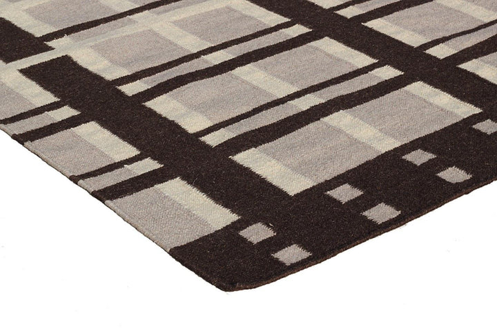 Stylish Flat Weave Wool Rug Gawe in rich brown color