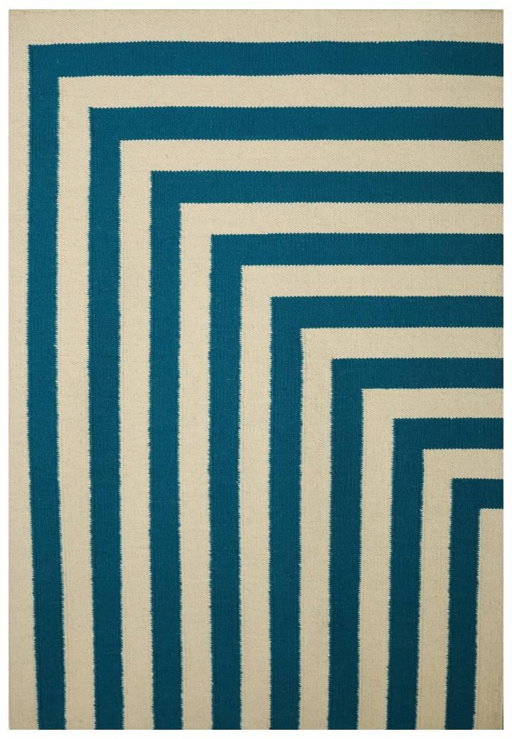 Wool Handwoven Rug Stripe Blue featuring a classic white and blue striped design