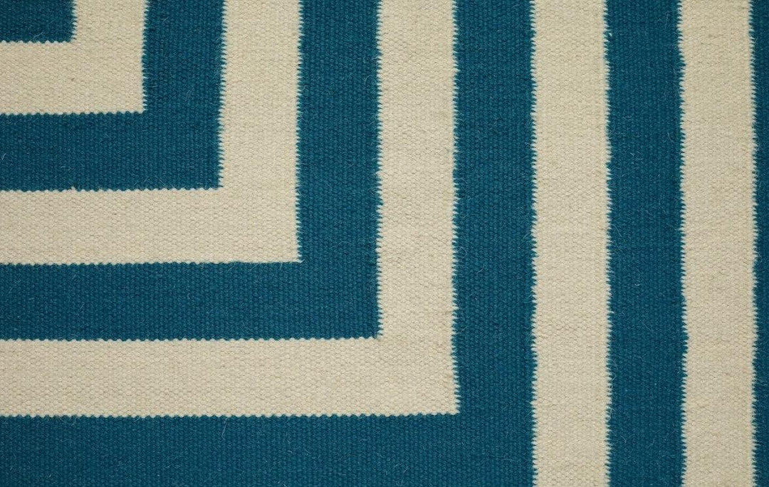 Close-up view of the Wool Handwoven Rug Stripe Blue, displaying its high-quality wool-cotton blend texture